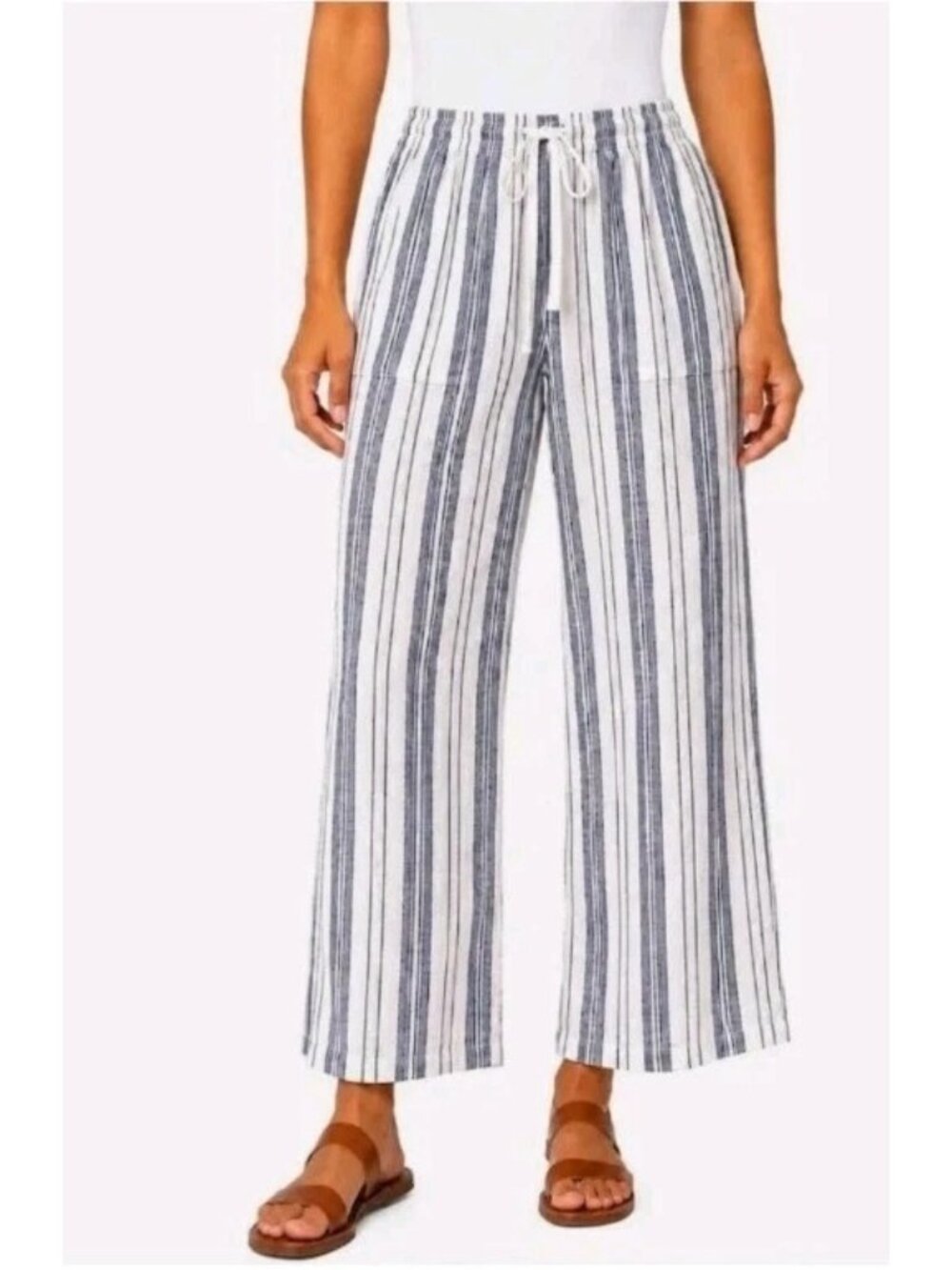 Roxy Womens M Blue & White Striped Linen-Blend Pants With Elastic Waist